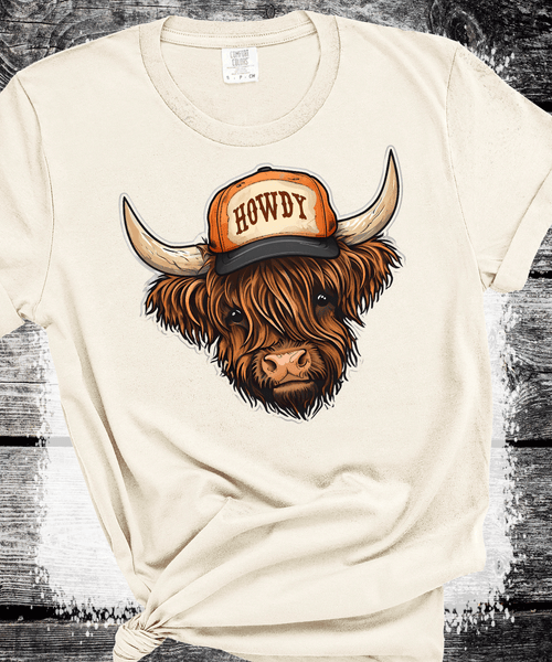 Comfort Colors® Highland Cow Howdy Hat T-Shirt, Farm Animal Tee, Country Style, Livestock Apparel, Cow Lover Gift, Cowboy Unisex, Birthday Gift, Farm Life