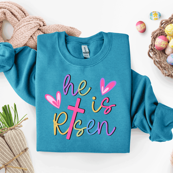 Cross Happy Easter Sweatshirt - He Is Risen Sweatshirt - Jesus Easter Shirt - Cute Easter Outfit - Church Easter Shirt, Family Easter shirts