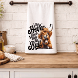 Funny Highland Cow Kitchen Tea Towels / This heifer takes no Bull  / Farmhouse Decor / Country Farmgirl / Western Home Decor