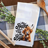 Funny Highland Cow Kitchen Tea Towels / This heifer takes no Bull  / Farmhouse Decor / Country Farmgirl / Western Home Decor