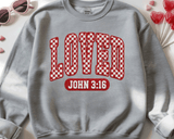 Comfort Colors® LOVED red Racing Checkers Faux Patchwork, 3d Embossed Valentines Day Shirts,  Loved Checkers Faux Embroidery sweatshirts, Patchwork Red Racing Checkers Trending Faux YARN Shirts, Lovers Gift, MOM gift, Latch Hook Sweatheart Day