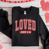 Comfort Colors® LOVED red Racing Checkers Faux Patchwork, 3d Embossed Valentines Day Shirts,  Loved Checkers Faux Embroidery sweatshirts, Patchwork Red Racing Checkers Trending Faux YARN Shirts, Lovers Gift, MOM gift, Latch Hook Sweatheart Day