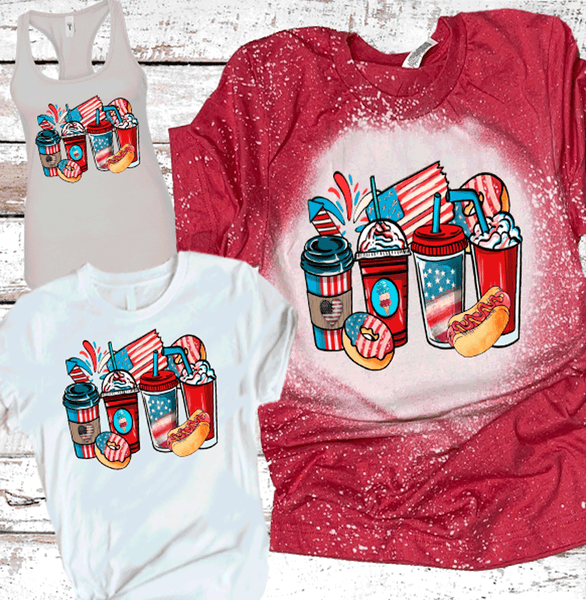 4th of July Red White Blue Coffee Drinks Hot Dog Bleach Tees