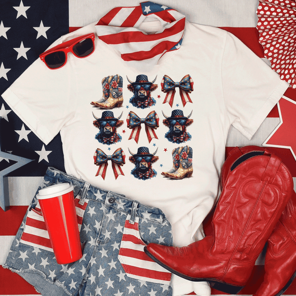 Highland Cow 4th of July Shirt, Coquette American Flag Shirt, USA Bow Shirt, Farmlife 4th of July Tee, Western Women's Patriotic Shirt, Red White and Blue