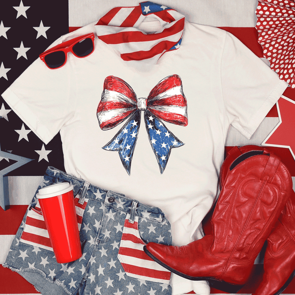 Comfort Colors®  4th of July Shirt, Coquette American Flag Shirt, USA Bow Shirt, 4th of July Tee, Women's Patriotic Shirt, Red White and Blue
