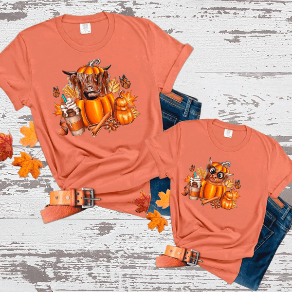 Mommy and Me Matching Highland Cow Pumpkin Thanksgiving Shirts