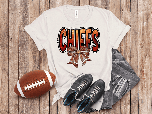 Kansas City Football Metallic shirt, faux glitter football Coquette bow Shirt, KC Football Team, Kansas City Football Fan Gift, Chiefs Fan