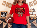Kansas City Football Metallic shirt, faux glitter football Coquette bow Shirt, KC Football Team, Kansas City Football Fan Gift, Chiefs Fan