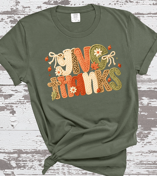 Give Thanks Realistic Faux Yarn Hoodie / Thanksgiving matching family knit look /  FYP Viral Trending Sweatshirts / Thankgiving Dinner Shirts