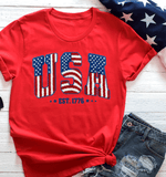 Comfort Colors USA 250th Faux Yarn Anniversary Shirts, Faux Chenille Patch Lettering 4th of July Tee, Faux Latch Hook Chenille Style American Flag Letters + EST 1776
