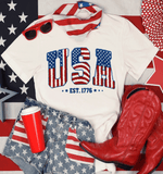 Comfort Colors USA 250th Faux Yarn Anniversary Shirts, Faux Chenille Patch Lettering 4th of July Tee, Faux Latch Hook Chenille Style American Flag Letters + EST 1776
