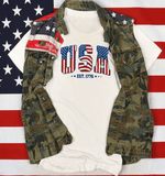 Comfort Colors USA 250th Faux Yarn Anniversary Shirts, Faux Chenille Patch Lettering 4th of July Tee, Faux Latch Hook Chenille Style American Flag Letters + EST 1776