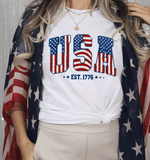 Comfort Colors USA 250th Faux Yarn Anniversary Shirts, Faux Chenille Patch Lettering 4th of July Tee, Faux Latch Hook Chenille Style American Flag Letters + EST 1776