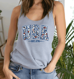 Comfort Colors USA faux Latch Hook Shirts, Merica USA EST 1776 tank tops, FAUX Chenille Patch Lettering 4th of July matching Family Shirts, Patriotic Floral Faux Yarn, Chenille looking Indepedence Day Shirts