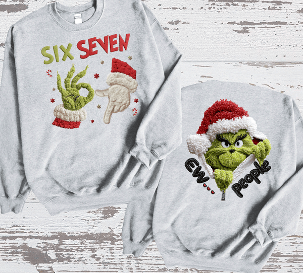 Six Seven 6 7 Trending Funny Grinch Shirts / Christmas Realistic Faux Yarn Hoodie / Classic Christmas Movies Shirts / FYP Viral Grinch Sweatshirts / Funny Holiday Crewneck