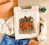 Thankful Leopard Coquette Bow Pumpkin Realistic Faux Yarn Hoodie / Thanksgiving matching family knit look /  FYP Viral Trending Sweatshirts / Thankgiving Dinner Shirts