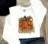 Thankful Leopard Coquette Bow Pumpkin Realistic Faux Yarn Hoodie / Thanksgiving matching family knit look /  FYP Viral Trending Sweatshirts / Thankgiving Dinner Shirts