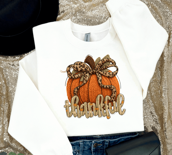 Thankful Leopard Coquette Bow Pumpkin Realistic Faux Yarn Hoodie / Thanksgiving matching family knit look /  FYP Viral Trending Sweatshirts / Thankgiving Dinner Shirts