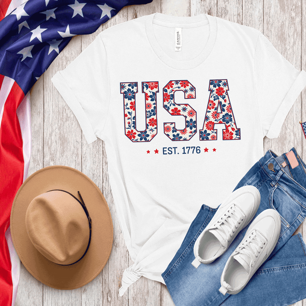 Comfort Colors Floral USA Shirt, American Girl Shirt, USA Est 1776 Shirt, Girly 4th of July Shirt, Patriotic Women Shirt, Flower USA Shirt