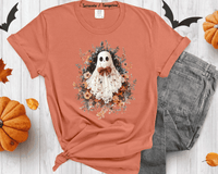 Halloween Lace Ghost Tshirt, Spooky Coquette T-Shirt, Girly Ghost Orange Bow T Shirt, Lacey Ghost Tee, Halloween Shirt, Floral Ghost shirt, Gift