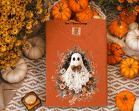 Halloween Lace Ghost Tshirt, Spooky Coquette T-Shirt, Girly Ghost Orange Bow T Shirt, Lacey Ghost Tee, Halloween Shirt, Floral Ghost shirt, Gift