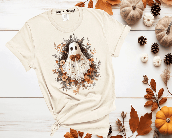 Halloween Lace Ghost Tshirt, Spooky Coquette T-Shirt, Girly Ghost Orange Bow T Shirt, Lacey Ghost Tee, Halloween Shirt, Floral Ghost shirt, Gift