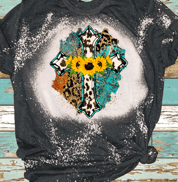 Country Western Boho Distressed Tees Vintage Bleached Sunflower Cross