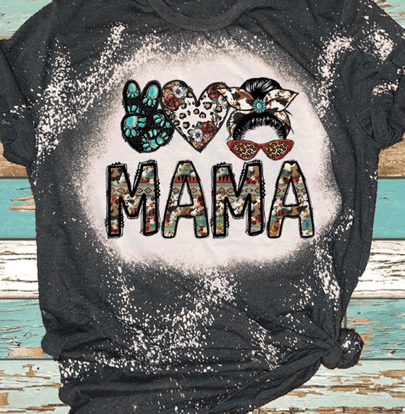 Peace love MAMA aztec Messy bun Cow Print Bleached Shirts DTF Tees
