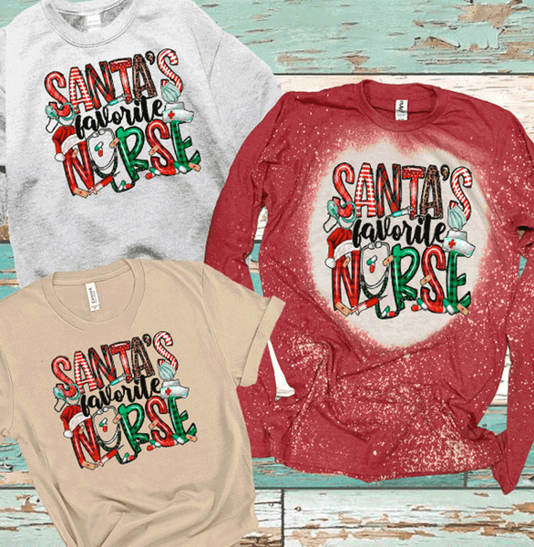 Santa's Favorite Nurse Chistmas Red and Green Bleached DTF Shirts Sweatshirt Hoodies