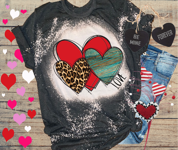 Valentines Day Bleached Distressed Vintage Tees 3 Hearts Leopard Love