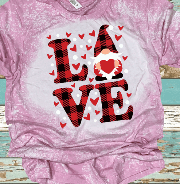 Love Gnome Plaid Valentines Day Bleached Distressed Vintage Tees