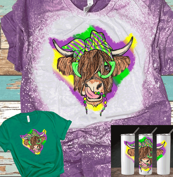 Mardi Gras Highland Cow Distressed Bleached Tees / DTF Shirts