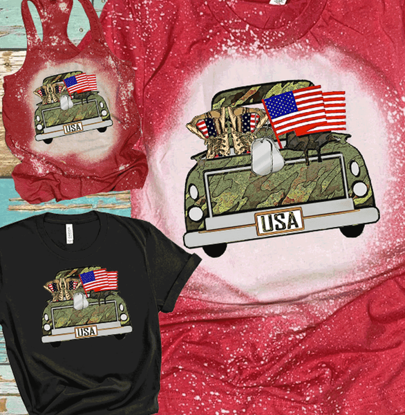 4th of July Distressed Vintage Bleached Bella Canvas Shirts Military Truck USA