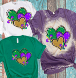 3 Mardi Gras Hearts New Orleans Distressed Bleached Tees / DTF Shirts