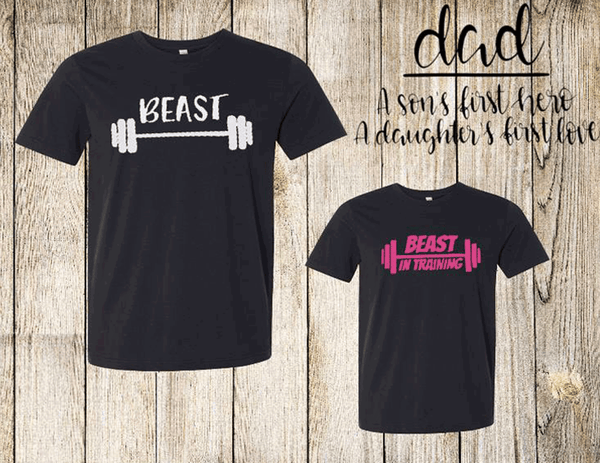 Daddy and Me Son Daughter Shirts Father's day tees Beast / Beast in training Pink